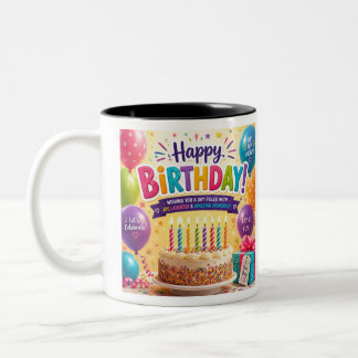 Taza Bicolor Tasse Colorée avec Gâteau, Ballons et Cadeau