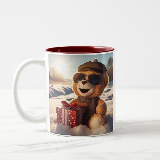 Taza Bicolor Tasse Plüschbär im Schnee hat ein Geschenk  (Izquierda)
