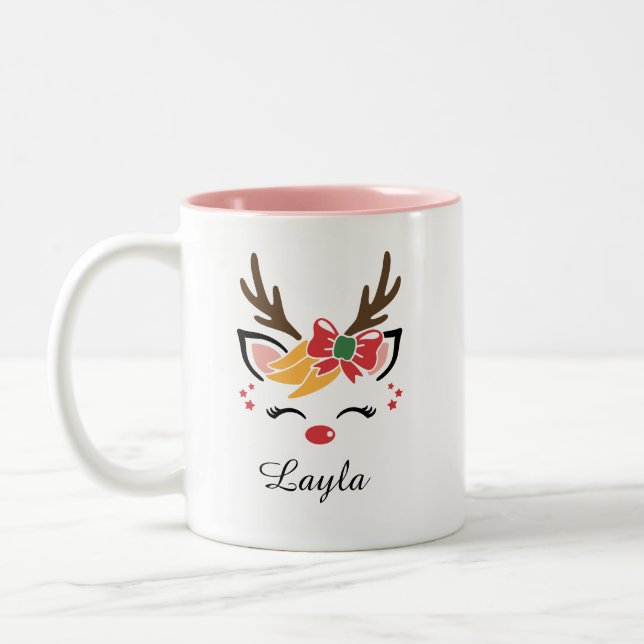 Taza Bicolor tazón de reno lindo con nombre personalizado (Izquierda)