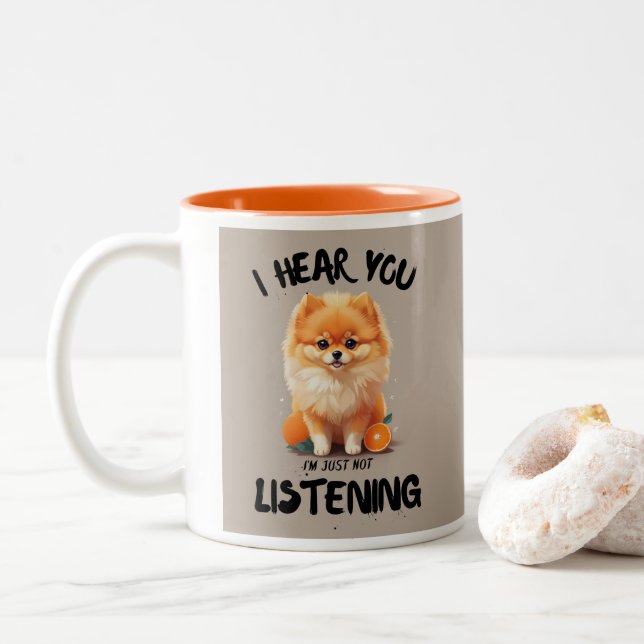 Taza Bicolor Te Escucho El Gracioso Diseño De Perro Pomeraniano (Con donut)
