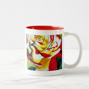 Taza Bicolor Té Rosa acuarela arte original Flor