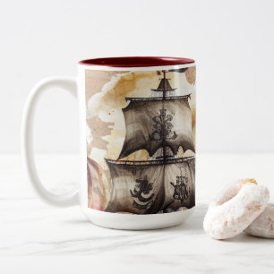 Taza Bicolor Tema Pirata de Mapa Antiguo Vintage