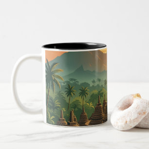 Taza Bicolor Templo Borobudur Vintage Amanecer Viaje Indonesia