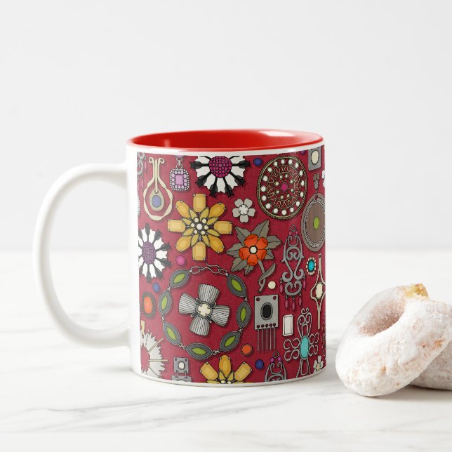 Taza Bicolor tesoros de joyas boho rojo (Con donut)