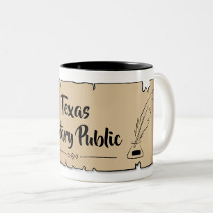 Taza Bicolor Texas Notario Público Pluma de Ave Pergamino