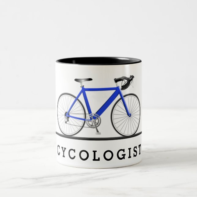 Taza Bicolor Texto del cicólogo con bicicleta azul (Centro)