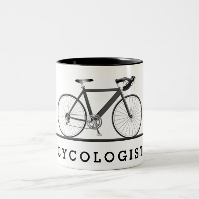 Taza Bicolor Texto del cicólogo con bicicleta gris (Centro)