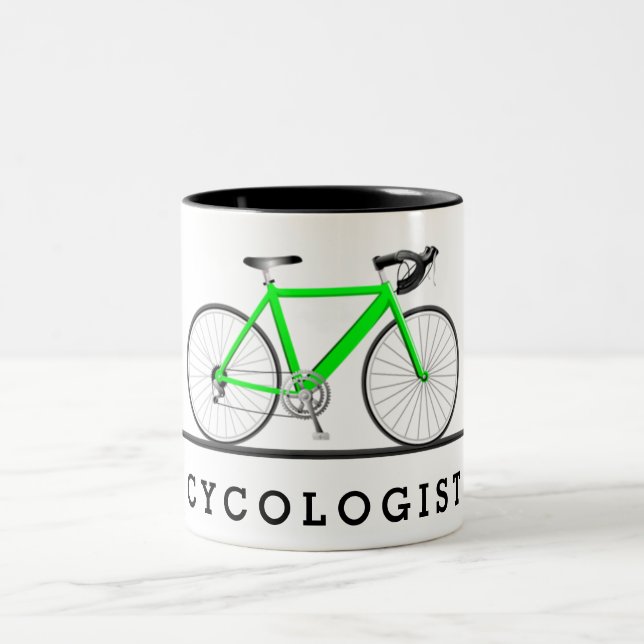 Taza Bicolor Texto del cicólogo con bicicleta verde (Centro)