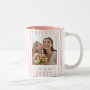 Taza Bicolor Texto Personalizado Foto Rayas Rosadas Coquette 