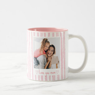 Taza Bicolor Texto Personalizado Foto Rayas Rosadas Coquette 