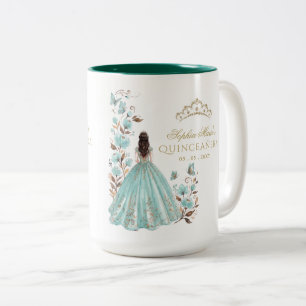 Taza Bicolor Tiara de quinceañera floral mariposa azul dorado