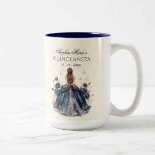 Taza Bicolor Tiara Floral Mariposa Azul Oro Quinceañera