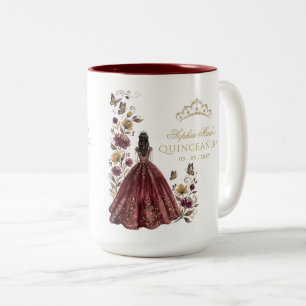 Taza Bicolor Tiara Floral Mariposa Borgoña Dorada Quinceañera