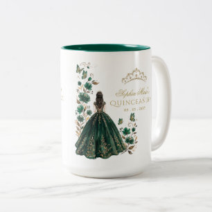 Taza Bicolor Tiara Floral Mariposa Verde Dorado Quinceañera