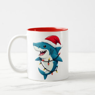 Taza Bicolor Tiburón Divertido con Sombrero de Santa Navidad
