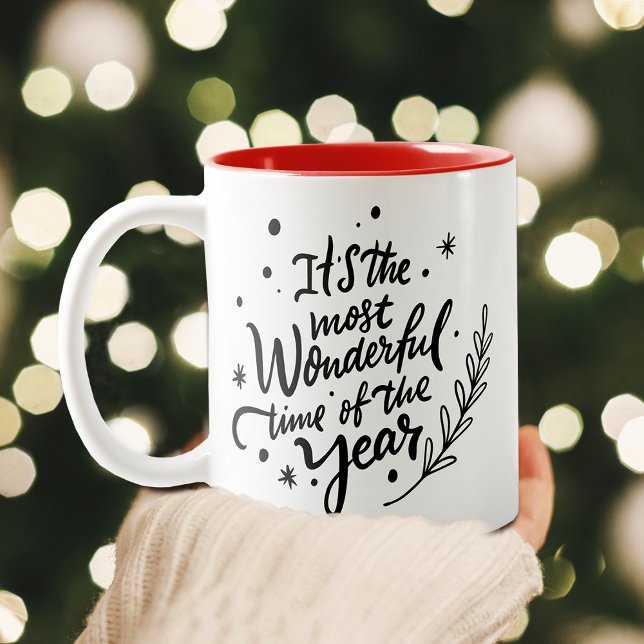Taza Bicolor Tiempo Más Maravilloso Navidad Negro Script Fiesta (Most Wonderful Time Christmas Black Script Holiday Two-Tone Coffee Mug)