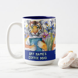 Taza Bicolor Tiger Holding Big Book | Any Name | Slogan