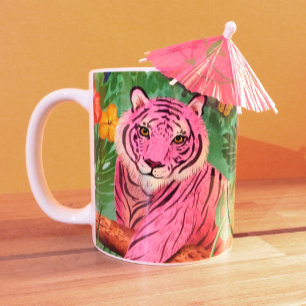 Taza Bicolor Tigre rosa y jungla tropical de loro