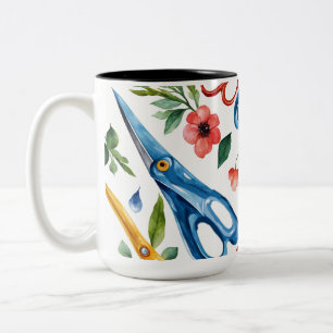Taza Bicolor Tijeras de acuarela y patrón sin fisuras de flores