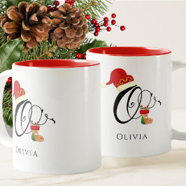 Taza Bicolor Tipografía Elegante Nombre Inicial Letra O Navidad