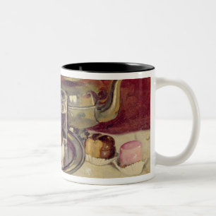 Taza Bicolor Todavía vida con tortas y una tetera de la plata