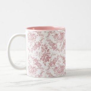 Taza Bicolor Toile floral rosado y blanco grabado elegante