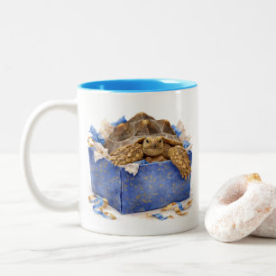 Taza Bicolor Tortuga Cumpleaños Regalo Azul Aquarela y Dorado