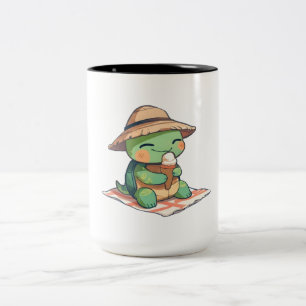 Taza Bicolor Tortuga Kawaii Chibi con Sombrero de Paja Comiendo