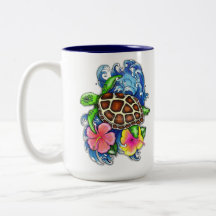 Tortuga tropical marina e Hibiscus