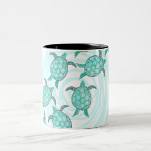 Taza Bicolor Tortugas de mar verde azuladas de la acuarela en