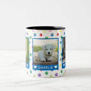 Taza Bicolor Tres nombres de fotos de mascotas Huellas de patas