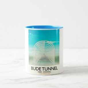 Taza Bicolor Túnel Bude, afiche de viaje parodia de Cornwall