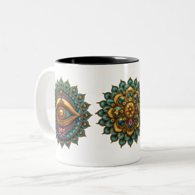 Taza Bicolor Turquoise Gold Lotus Mandala - Fantasy Graphic Art (Anverso izquierdo)