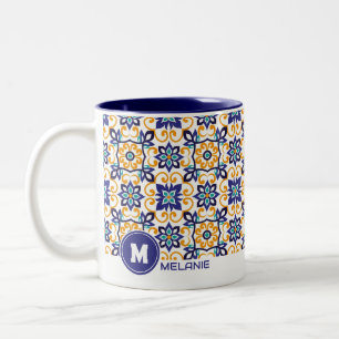 Taza Bicolor Tuscan Verve Vibrant Scrollwork Mediterranean