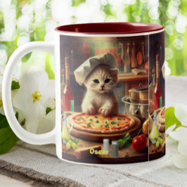 Taza Bicolor Un chef lindo que hace gatos con pizza nombre pers