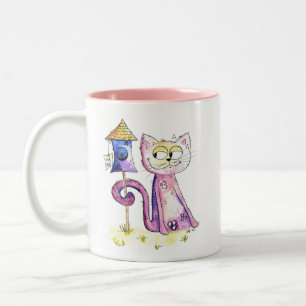 Taza Bicolor Un gato chiflado y delicioso con un hogar de aves