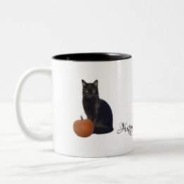 Taza Bicolor Un gato negro tira calabazas de Halloween felices