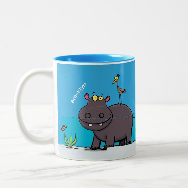 Taza Bicolor Un gracioso hipopótamo con personalizado de pájaro (Izquierda)