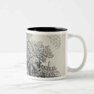 Taza Bicolor Un jinete distraído por una multitud de pájaros