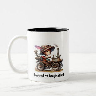 Taza Bicolor Un niño joven feliz montando un vehículo Steampunk