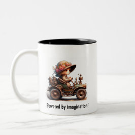 Taza Bicolor Un niño joven feliz montando un vehículo Steampunk