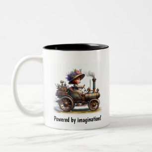Taza Bicolor Un niño joven feliz montando un vehículo Steampunk