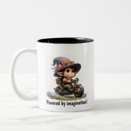 Taza Bicolor Un niño joven feliz montando una moto Steampunk