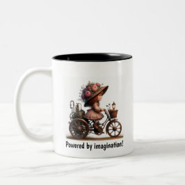 Taza Bicolor Un niño joven feliz montando una moto Steampunk