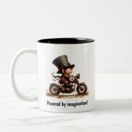 Taza Bicolor Un niño joven feliz montando una moto Steampunk