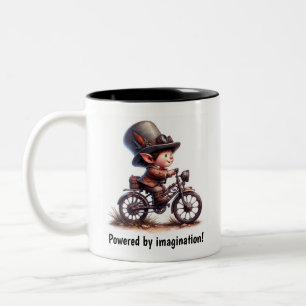 Taza Bicolor Un niño joven feliz montando una moto Steampunk