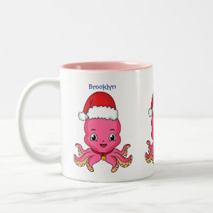 Taza Bicolor Un pulpo alegre lindo usando Navidades gorra perso