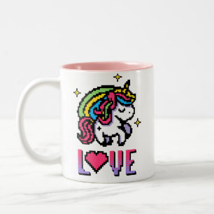 Taza Bicolor Unicornio de píxeles adorable amor juegos retro