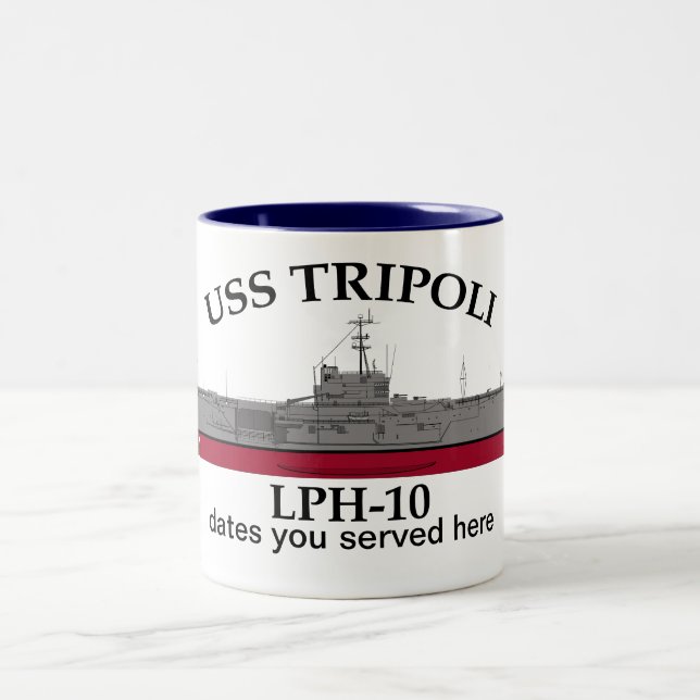 Taza Bicolor USS Trípoli, LPH-10, fechas personalizables servid (Centro)