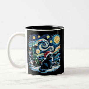 Taza Bicolor Van Gogh Noche Estrellada Festivo Navidad Gato Neg